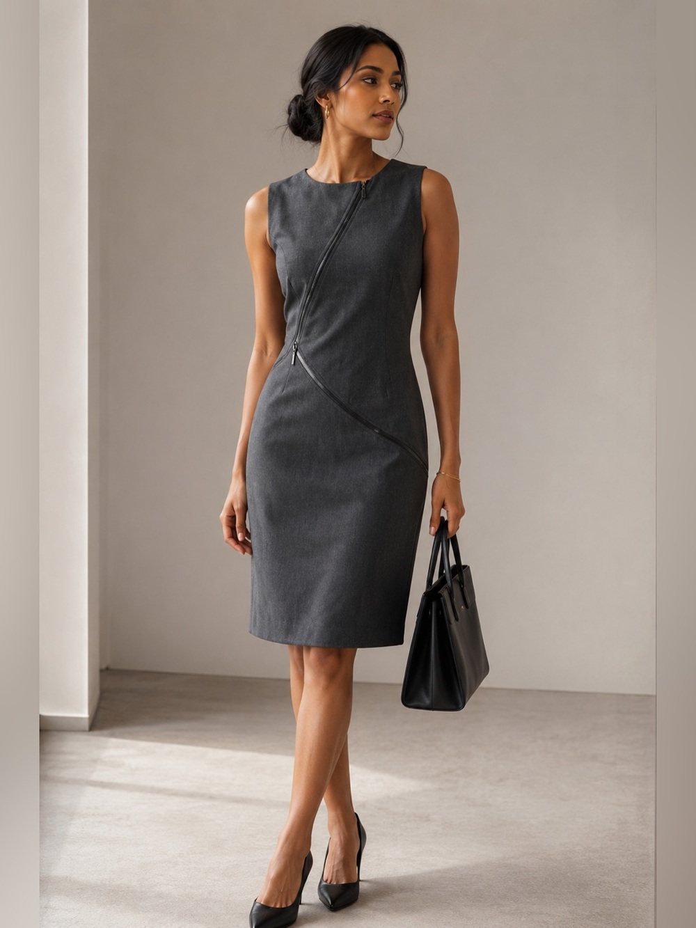 CALVIN KLEIN | Grey Sheath Dress with Zipper Details - Picture 4 of 10